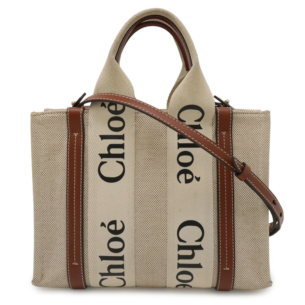 Chloe Woody Tote Bag Handbag Shoulder Canvas Leather Beige Cream Brown
